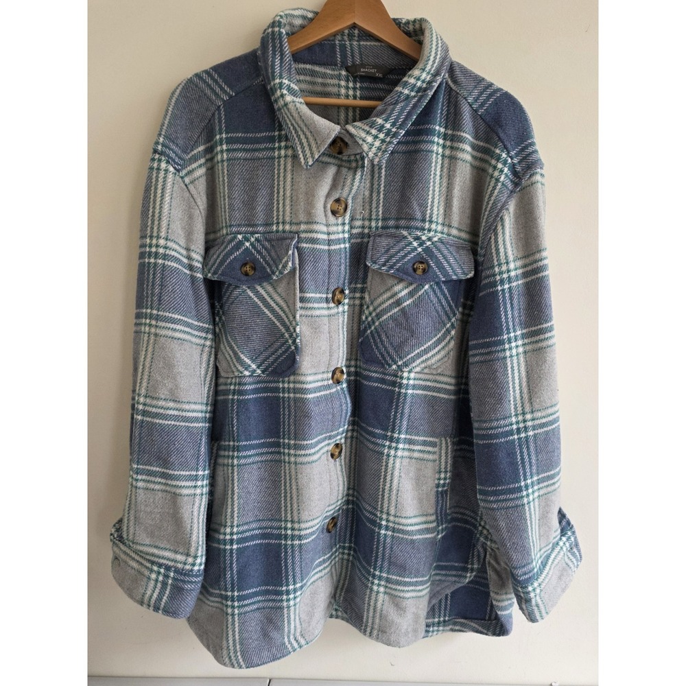 Plaid Shacket Button Down Shirt Jacket Women XXL Blue Grey Plaid Flannel Grunge